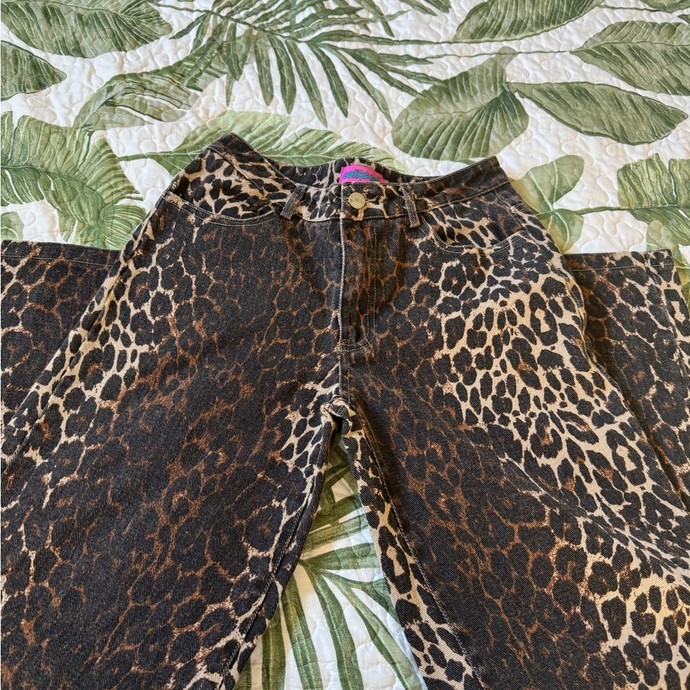 Edikted Leopard Print Flare Jeans - Brown and Black